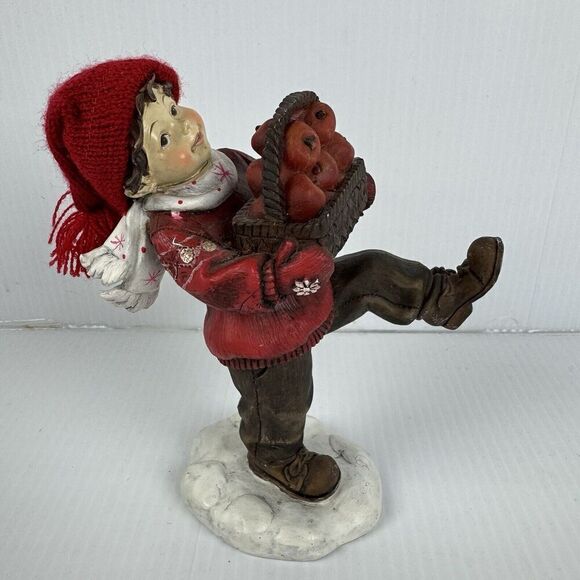 Vintage Boy Carrying Apple Basket Rare Statue Winter Hat Scarf Red Figurine - Picture 12 of 12